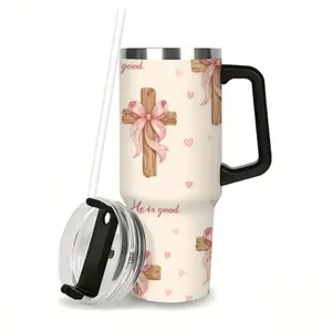 40oz Christian Faith Insulated Tumbler Mug with Handle and Straw Lid, He Is Good Cross and Pink Bow Print, Double-Wall Vacuum Thermal Mug for Hot and Cold Drinks, Large Capacity Car Travel Mug, Ideal Gift for Church Friends and Believers