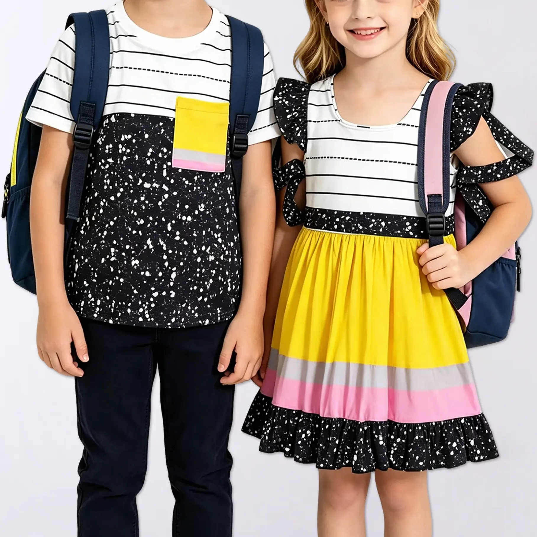 Back To School Sibling Twin Outfit Speckle Black White Striped Color Block Twin Set, Boys Short Sleeve Pocket T-Shirt & Girls Flutter Sleeve Ruffle Dress, Soft Cotton Toddler Matching Clothes For Preschool Elementary