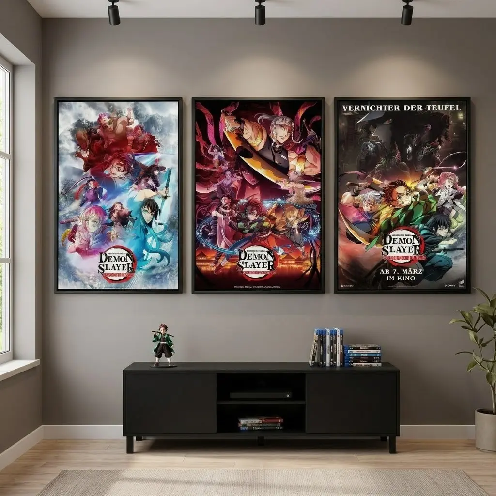 Demon Slayer Kimetsu No Yaiba HD Artistic Canvas Poster Set - Entertainment District Arc, Swordsmith Village Arc, Tengen Uzui, Mitsuri Kanroji, Muichiro Tokito Prints - Wood Frame-Ready Japanese Anime Wall Painting for Bedroom, Living Room Decor