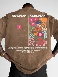 Men's "God's Plan" Washed Oversized T-Shirt, Christian Floral Graphic Print Casual Streetwear Tee, Breathable Summer Top #GodsPlanTee #ChristianPrintShirt #WashedOversizedTee #StreetwearCasualTop #TikTokMadeMeBuyIt