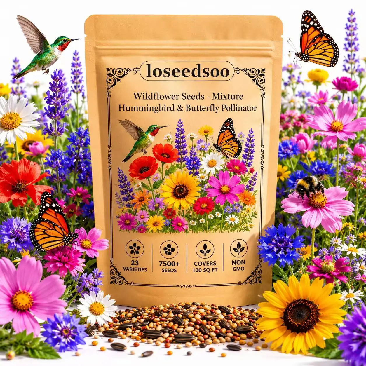 Wildflower Seeds Mix – 7500+ Non-GMO Flower Seeds for Planting, 23 Annual & Perennial Varieties, Attract Butterflies, Bees & Hummingbirds, Pollinator Friendly Garden Mix, Covers Up to 100 Sq Ft