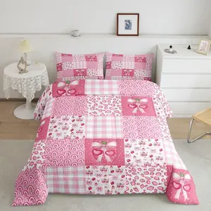 Feelyou Princess Bow Breathable Patchwork Quilt Bedding Set - Microfiber Cloth Soft Blanket Comforter Set with Pink Plaids, Cow Fur Dots, Cherry, Rainbow Dessert, Strawberry Prints for Kids' Bedrooms (Multi-Size)