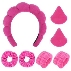 7 Pcs Rose Pink Bubble Puffy Sponge Hair Band Headband Set for Wash Face Facial Skincare Accessories