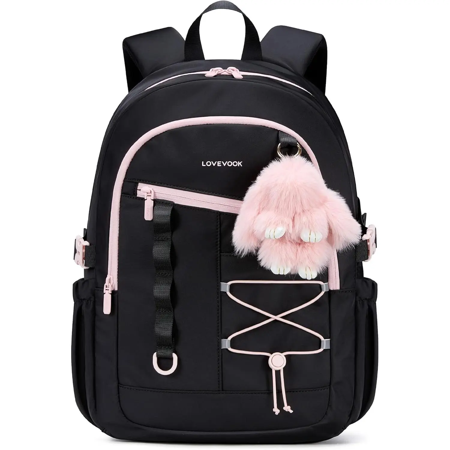 LOVEVOOK School Backpack for Girls, Large Capacity 15.6 Laptop Backpack with Tumbler Pockets, Multi-Compartment Backpacks with Lucky Bunny Charm, Water-Resistant Travel Backpack, Black Pink