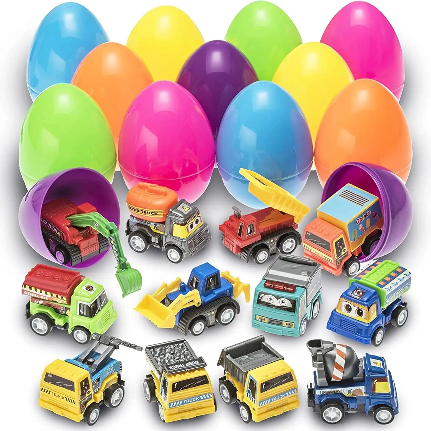 PREXTEX Set of 12 Toy Filled Easter Eggs with Pull-Back Construction Vehicles - Pre Filled Plastic Easter Eggs with Toys Inside - Large Egg Party Favors for Kids