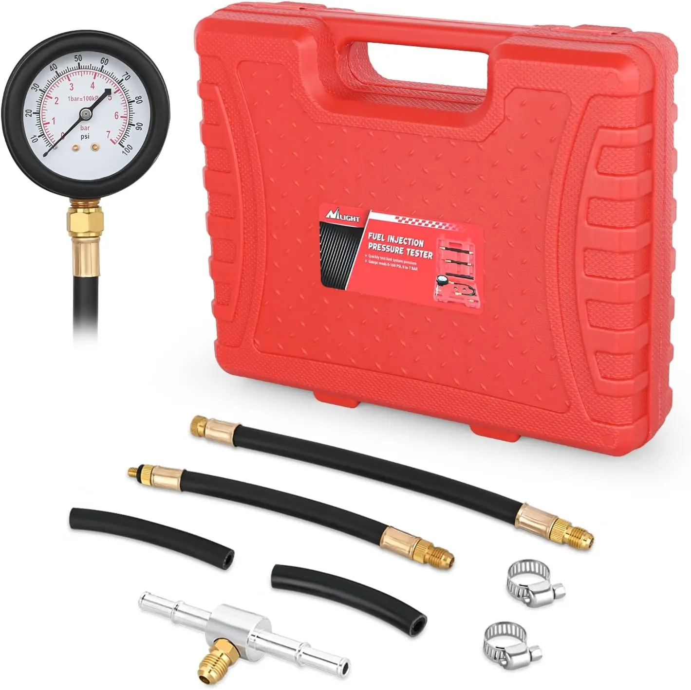 Nilight 9-Piece Fuel Pressure Gauge Tester Kit - 0-100 PSI Max Brass Alloy Dual-Scale Diagnostic Car Repair Tool for Cars, Trucks, ATVs, SUVs, Injection Pumps, Motorcycles, Motorcycle, Car Repair Tools