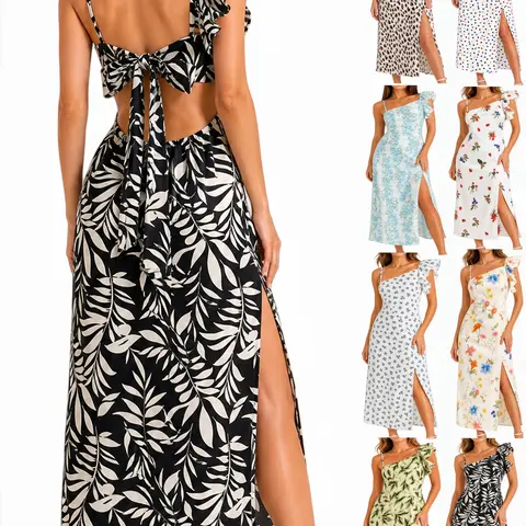GLAMONIQUE Women's Polyester H-Type Loose Fit Tropical Leaf Print Dress - Ruffle/Sleeveless, Adjustable Strap, Open Back Tie Back Bow, Side Slit, Black and White, Party Vacation Beach Wear