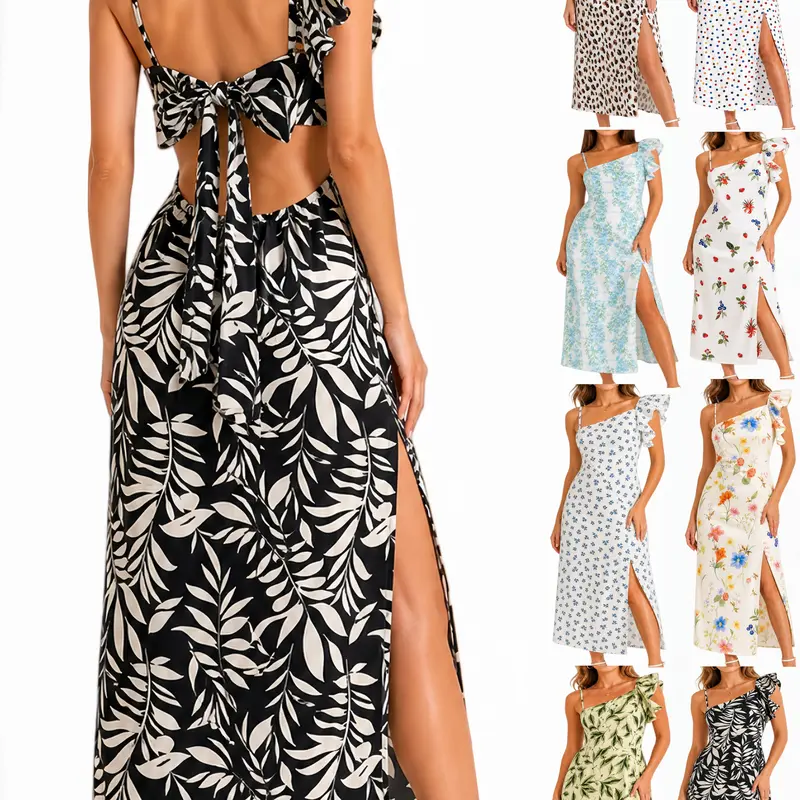 GLAMONIQUE Women's Polyester H-Type Loose Fit Tropical Leaf Print Dress - Ruffle/Sleeveless, Adjustable Strap, Open Back Tie Back Bow, Side Slit, Black and White, Party Vacation Beach Wear