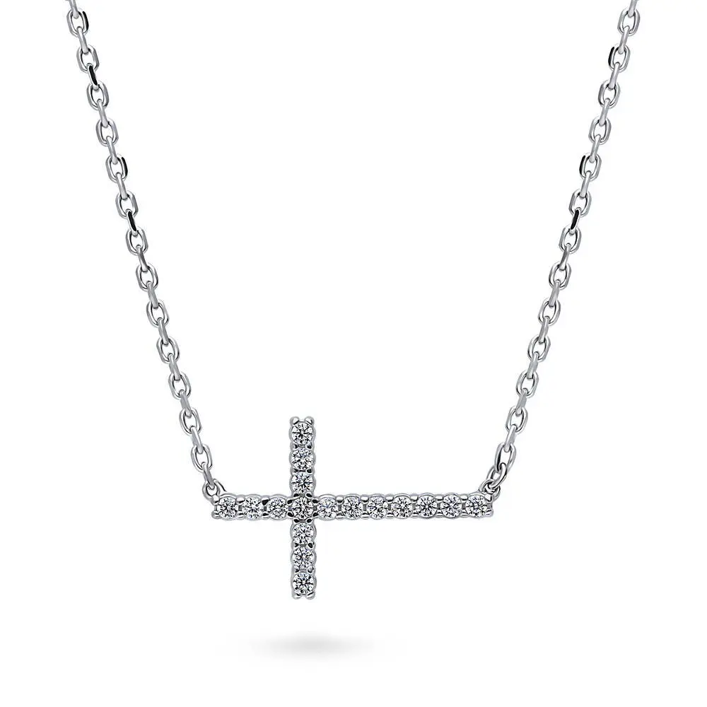 BERRICLE Sterling Silver Sideways Cross Pendant Necklace for Women, Cubic Zirconia CZ 16 inch, Rose Gold Flashed/Yellow Gold Flashed/Rhodium Plated