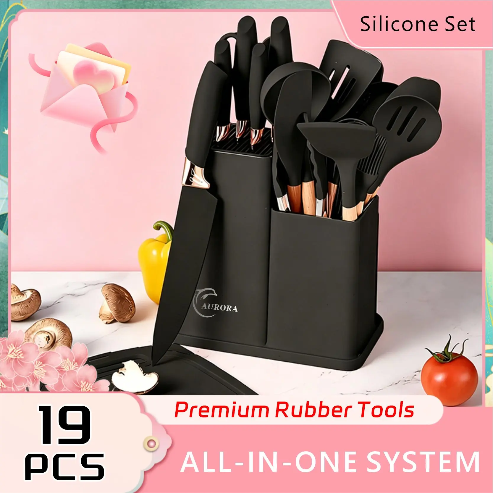 19Pcs Summer Turn-Up Kitchen Knives Set with Heat-Resistant Silicone Cutlery, Wooden Handles, Non-Stick Compatible Tools, Silicone Spatula, Board, Block, Stylish White-Pink Holiday Prep Kit (Chef Knife, Ladle, Cookware Included)
