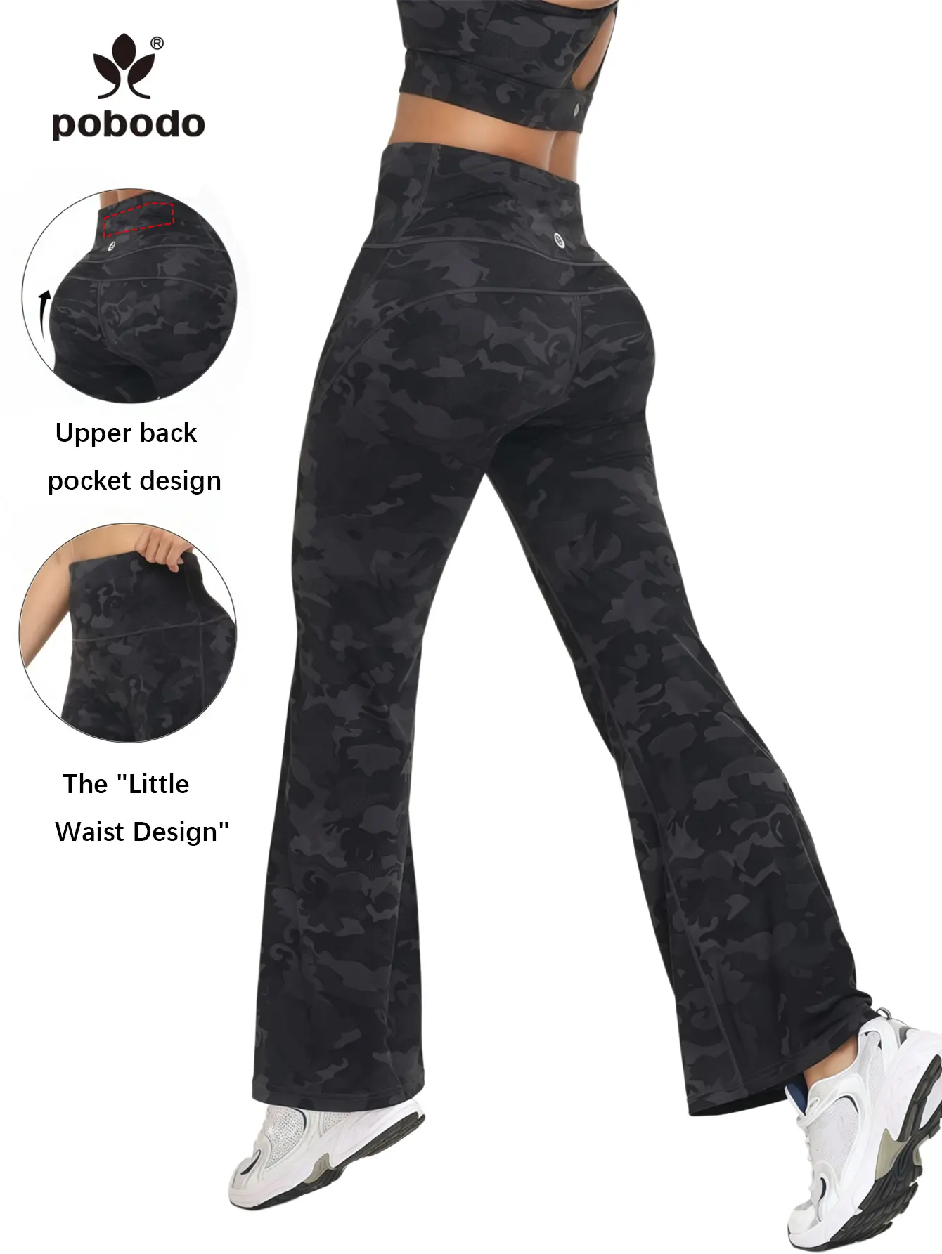 POBODO Women's Printed Flare Yoga Pants - Butt Lift, Slim-Fit, with Invisible Back Zippered Pockets, Everyday Active Workout Gear for Fitness, Travel
