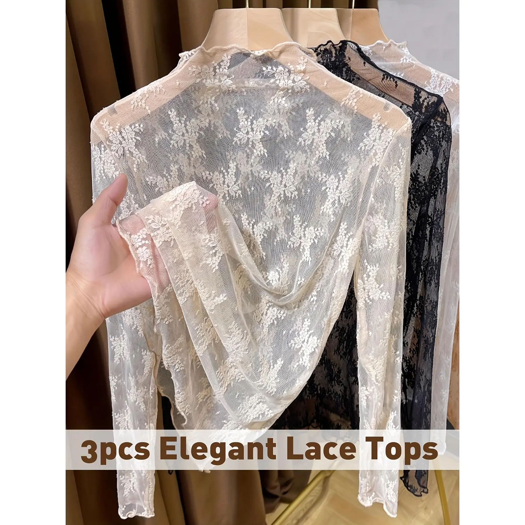 Women's Sheer Mesh Tops 3-Piece Set, Elegant Chic Korean Style Plain Lace Knit Long Sleeve Bottoming Shirts, Do Not Dry Clean, Curve‑Hugging Knit
