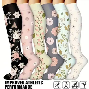 6 Pairs Compression Socks For Women, Floral Pattern Scocks Breathable High Tube Socks For Running Fitness Skipping Cycling Athletic Compression Socks