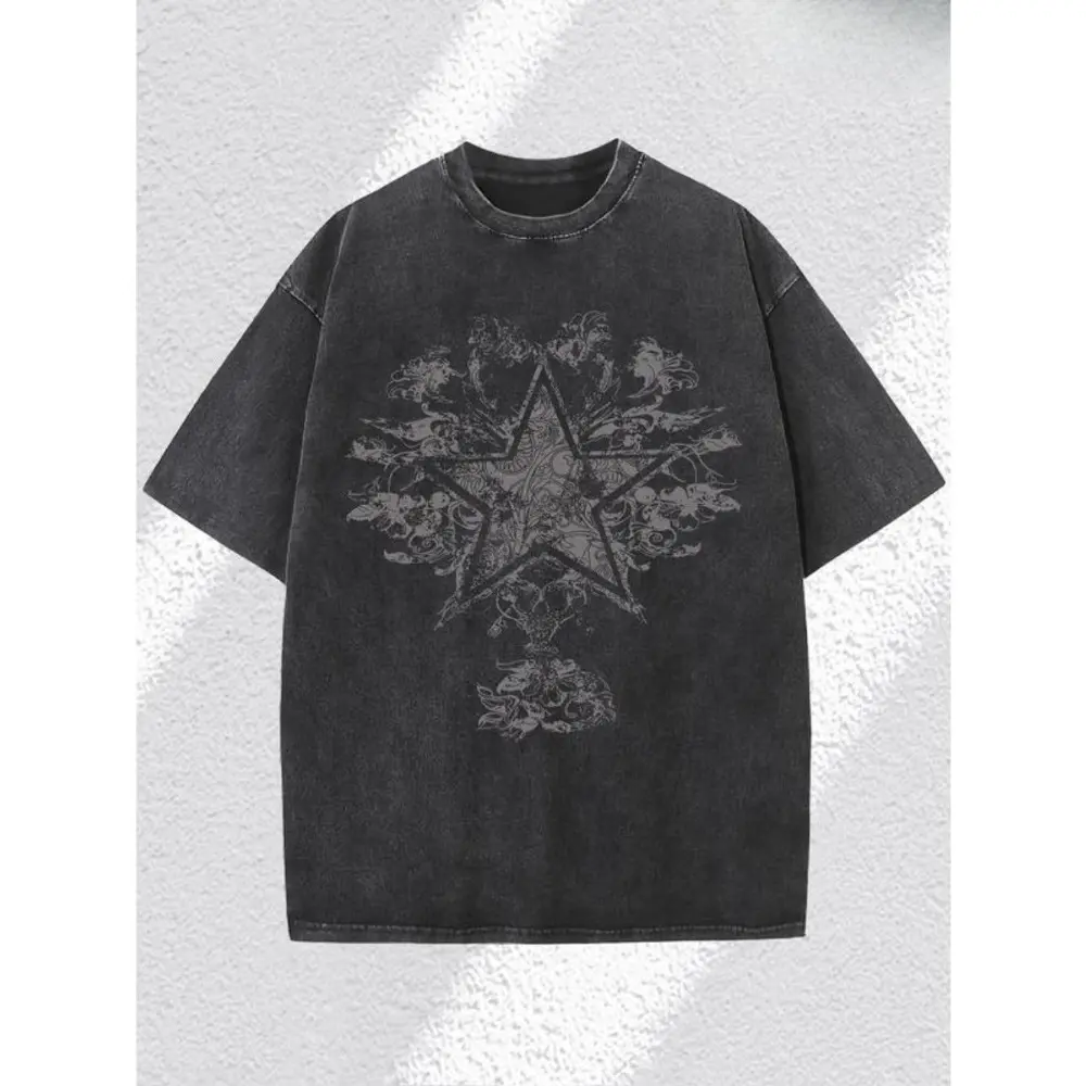 Men's 230g Heavy Cotton Round Crew Neck Short-Sleeve Streetwear Graphic T-Shirt, Vintage Dark Wash Menswear with Star-Floral Print, Soft Breathable Regular Fit, Sporty Chic Casual Top, All Seasons, S-XXXL
