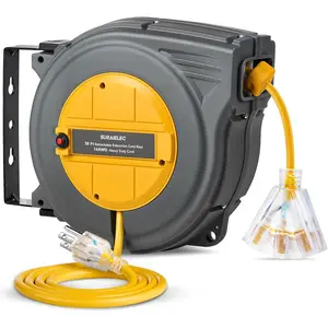 50 FT Retractable Extension Cord Reel, 14AWG/3C SJTW Cord Reel, 3 Outlets Triple Tap, 13A Circuit Breaker, Wall/Ceiling for Workshop,, ETL Listed