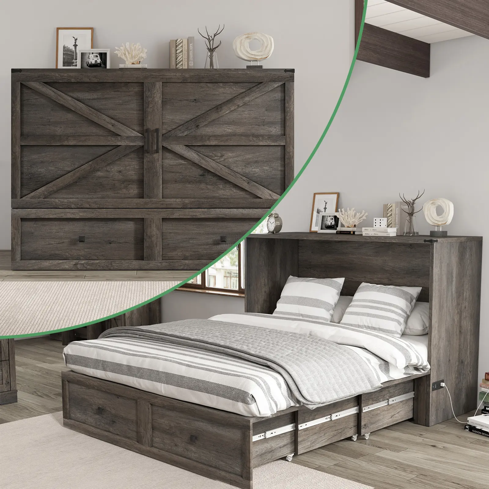 [Ships in Multiple Boxes][TiktokShopStockUp] AMERLIFE Murphy Bed, Farmhouse Murphy Storage Bed with Large Storage Drawer & Charging Station