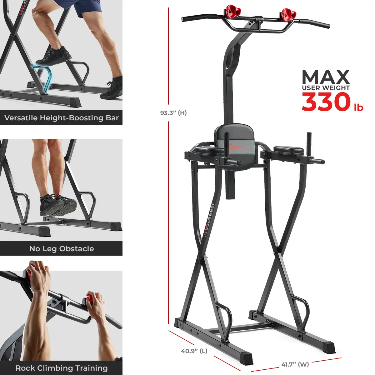 SUNNY Adjustable Power Tower Workout Station with Pull Up Bar and Dip Station 330 LB Capacity Multifunctional Home Gym Equipment Adjustable Height Strength Training Fitness Tower with Rock Climbing Grip for Full Body Workout and Muscle Building