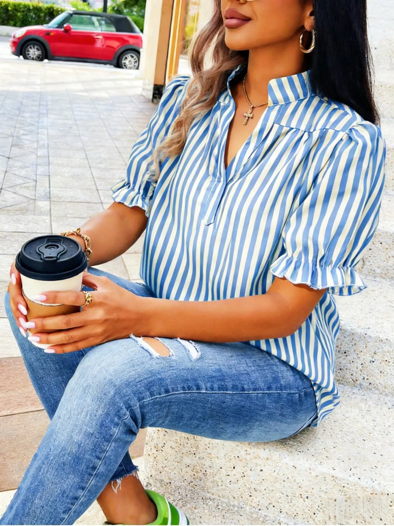 French Retro Light Yellow Stripe Puff Sleeve V-Neck Shirt Baddie Office Light Yellow Stripe Puff Sleeve Ruffle Shirt Vibrant Resort Light Yellow Stripe V-Neck Puff Sleeve Shirt