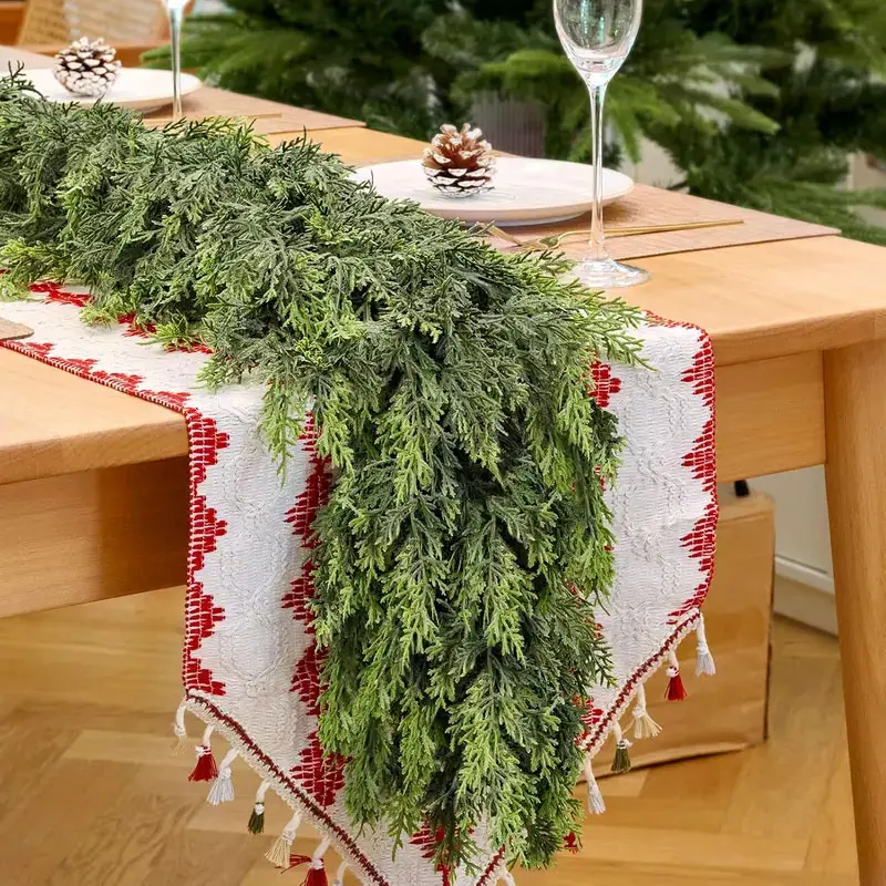 2PCS 6FT Pre-Lit Christmas Cedar Garland Set with Lights, Faux Greenery, 150 Pine Tips, Realistic Look, Warm LED Lighting, for Indoor/Outdoors Fireplace Mantle Winter Holiday Decor