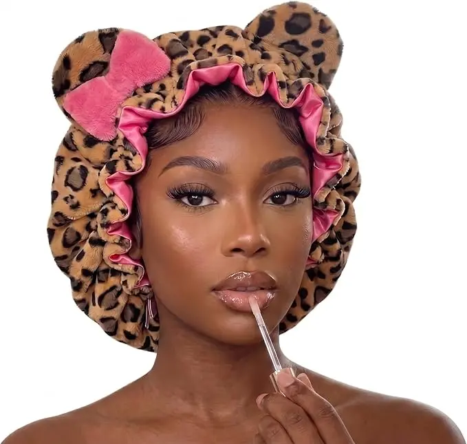 Luxury Leopard Print Satin Bonnet with Pink Lining - Anti-Frizz, Adjustable-Strap Sleep Cap for Curly Hair, Haircare Essential
