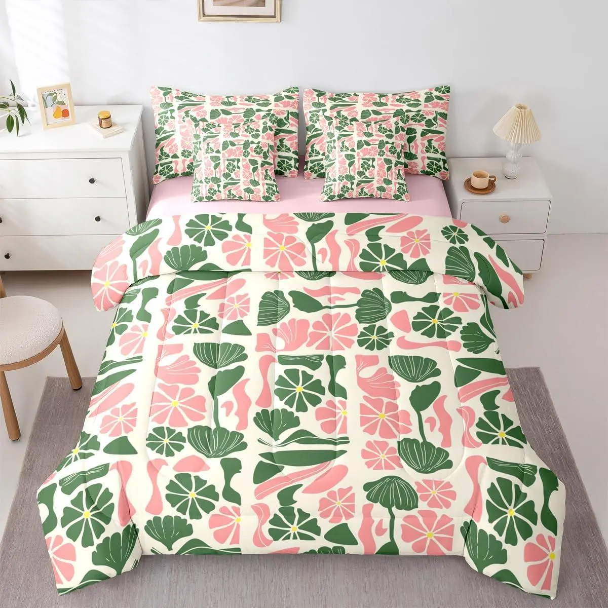 Mid Century Boho 7 Piece Bedding Set,Cute Green Pink Floral Plant Patchwork Comforter Set with Sheets,Modern Abstract Geometric Bed In A Bag Vintage Aesthetic Sheet Set with Comforter