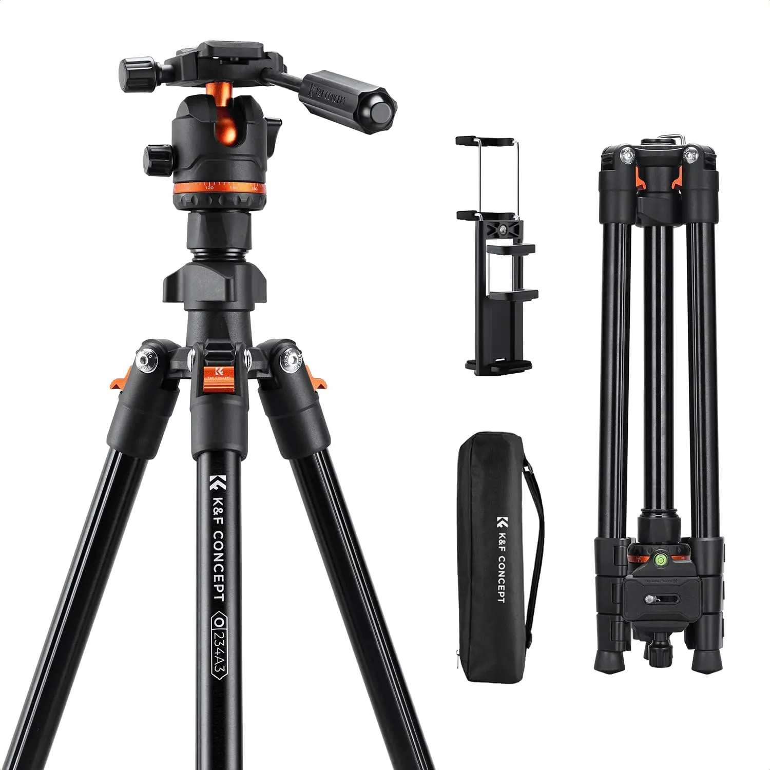 K&F CONCEPT 71" Foldable Adjustable Aluminium Alloy Compact Camera Tripod with Handle, Portable Size Travel Video Tripod Accessory, 17.6lbs Capacity Arca Swiss Ball Head for DSLR/Mirrorless Cameras, Smartphone & Content Creator (O234A3+BH-36)