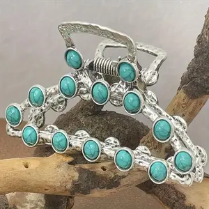 Vintage Elegant Alloy Hair Claw Clip with Turquoise Stones - Solid Color, Medium Size, Single Piece, Ideal for Christmas Gift