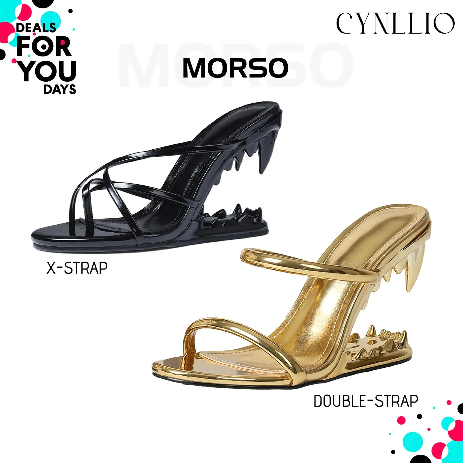 CYNLLIO Womens Morso Sandals Open Round Toe Wedge Heels Elegant Metallic Shark Teeth Heel Style Slip on Strappy Heeled Fashionable Tiger Teeth Flip Flops Thong Mule Hollow-Shaped Slide Sandal Dressy Party Clubbing Spring Catwalk Pumps  Summer