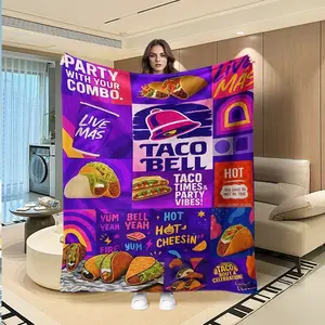Taco Bell party style throw blanket, featuring vibrant Mexican food print, soft and cozy fabric, perfect for bedroom, living room, office, travel or camping, a fun gift and collectible for taco lovers and fast food fans
