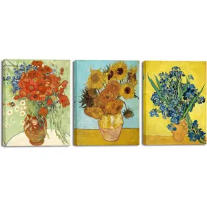 Art 3 Panels Canvas Prints of Vincent Van Gogh Paintings Reproduction Red Poppies and Daisies Sunflower Irises in Vase Canvas Wall Art for Living Room Home Office Decor,2D Flat