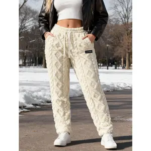 Women's Double Sided Fleece Warm Pants, Cute Knit Texture Plush Drawstring Joggers for Winter, Snow & Daily Lounge