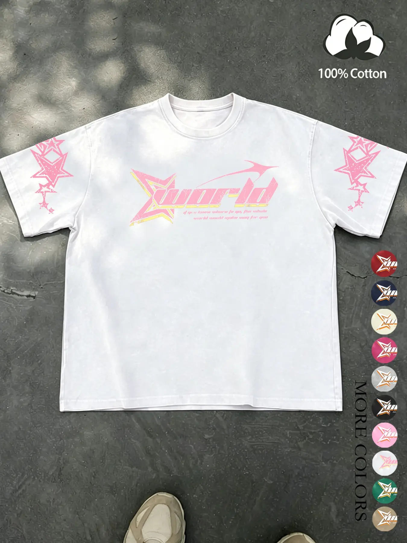 Unisex Street Style Summer American Retro Avant-Garde Black Loose-Fitting Short-Sleeved T-Shirt, High-Quality Cotton with Xworld Logo and Star Pattern, Suitable for Streetwear, Y2K, Campus, Hip-Hop, Fashion, Trends, and Everyday Wear