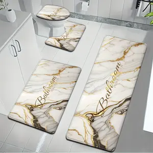 [Bathroom Mat Set] 3pcs/4pcs Golden White Marble pattern printing Bathroom Mat Set |   U-shaped Toilet Seat Cover non-slip laundry room mat living space