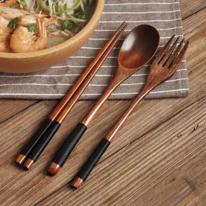 Natural Wood Spoon Chopsticks and Fork Dinner Set, 3 Pcs/1 Kit, Rice Soup Tableware, Handmade Household Tableware, Eco-Friendly Dining Utensils