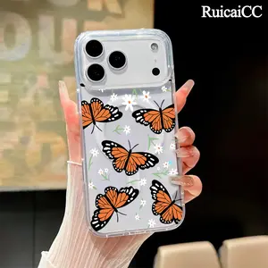 Magnetic Phone Case for iPhone 17 16 Pro Max Plus 15 14 13 12 11 Air Monarch butterfly Floral Pattern Anti-Yellowing Shockproof ultra-thin Silicone Crystal Transparent Acrylic Large Hole Cover Supports Wireless Charging