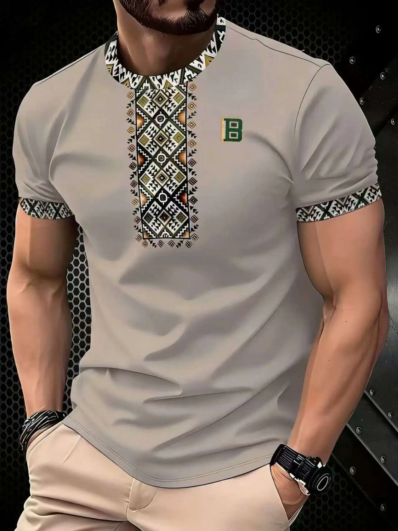 Men's Ethnic Pattern Short Sleeve Casual T-Shirt, Summer New Slim Fit Top, Graphic Design, Fitted Style, All Seasons Wear, Casual Fashion Wear, Casual Style Tee