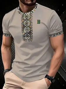 Men's Ethnic Pattern Short Sleeve Casual T-Shirt, Summer New Slim Fit Top, Graphic Design, Fitted Style, All Seasons Wear, Casual Fashion Wear