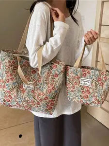A floral print canvas tote shoulder bag, portable commuter storage bag, large-capacity student handbag, embroidered pattern shoulder bag, waterproof canvas travel shoulder bag, suitable for office, school, and travel, Stylish tote bag