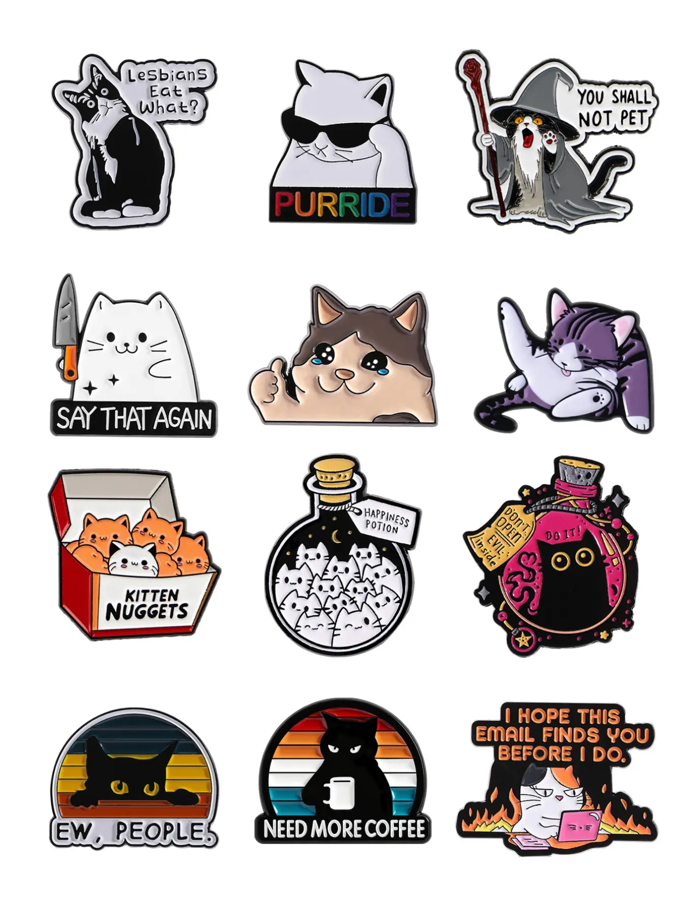 12-Piece Cute Cat Enamel Pin Set, Whimsical Cat Designs for Cat Lovers and Collectors, Adorable Animal-Themed Accessories, Decor Pins, Collectible Pins, Drop Set Pins