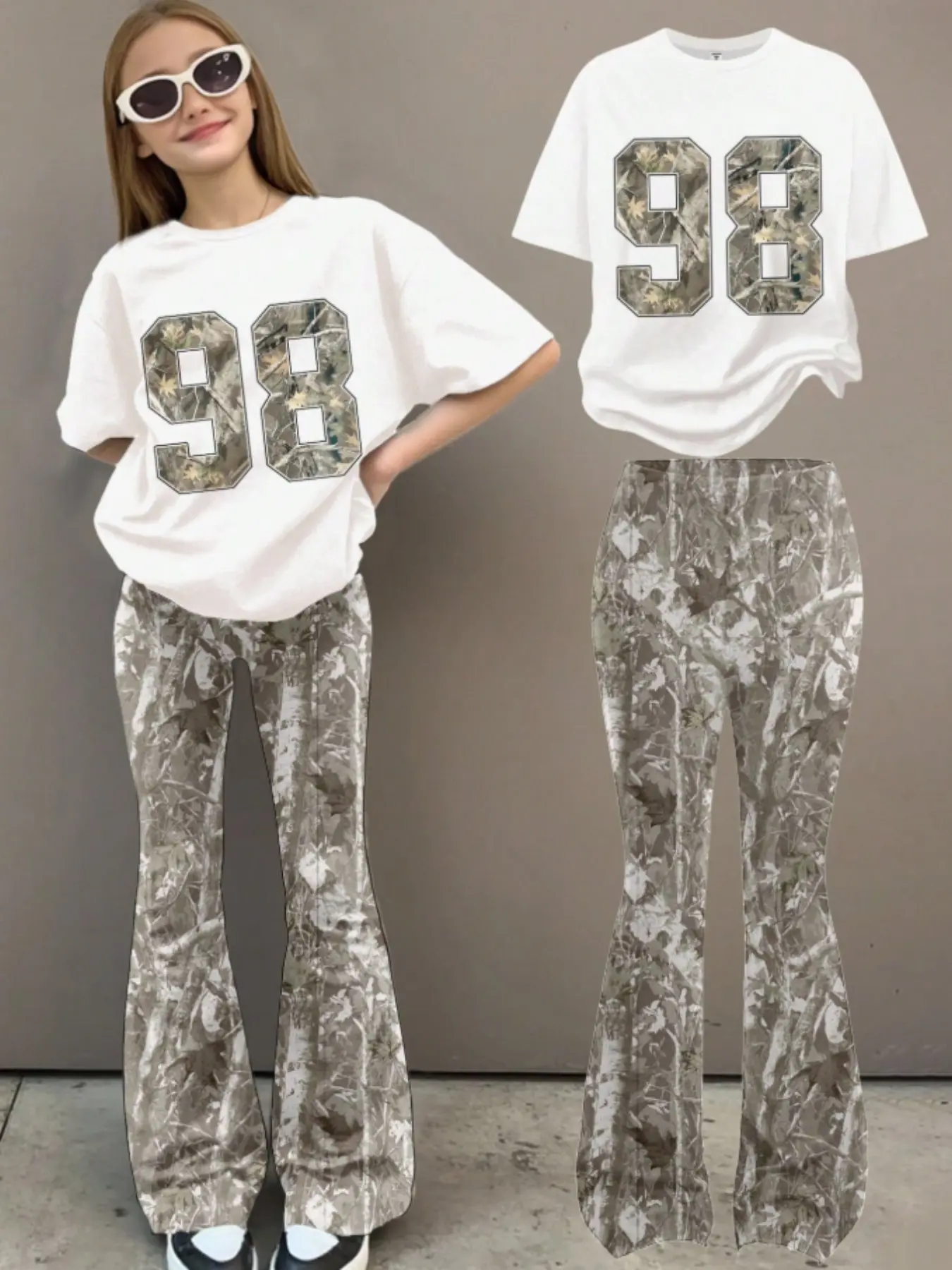 Teen Girls' Casual Loose Fit Round Neck Short Sleeve Top & Bell Bottoms Set, Camo Leaf Print, Summer & Fall, Clothes