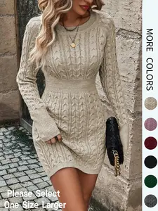 Women's Plain Round Neck Cable-Knit Bodycon Sweater Dress, Elegant Fashion Casual Long Sleeve Jumper Dress for Everyday Wear, Women's Knitwear for Fall & Winter