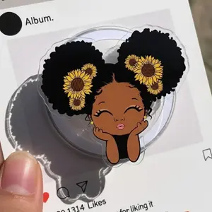Cute Melanin Girl Phone Grip, Sunflower With Curly Hair Girl  Magnetic Phone Grip, Phone Accessories, Gift For Her
