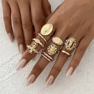 10pcs Virgin Mary & Cross Ring Set for Women - Vintage Maria Bands Suitable for Christmas, Easter Gifts, Thin Stackable Religious Collection, Daily Wear for Church, Year-Round Elegant