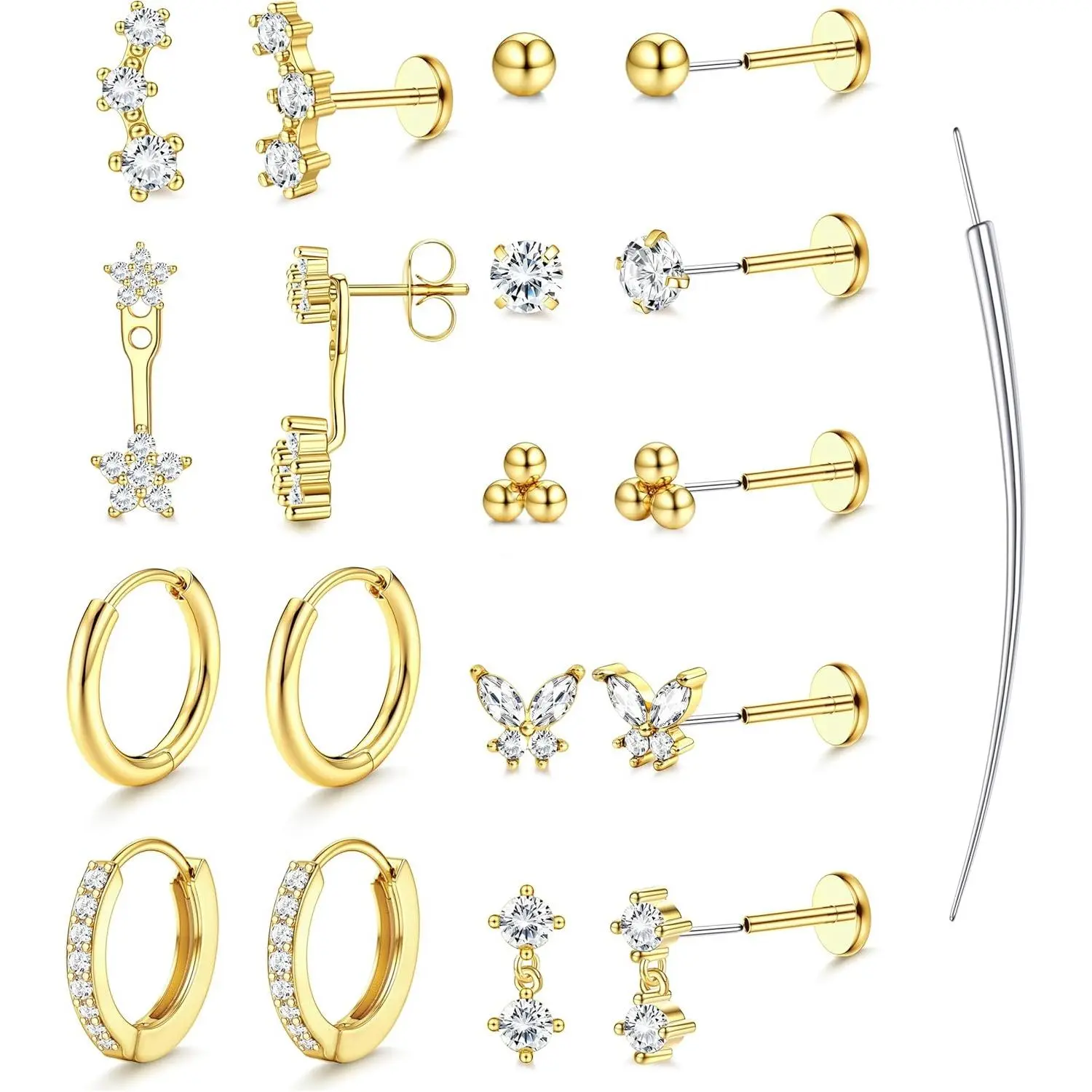 YADOCA Threadless Flat Back Earrings Hypoallergenic - 9 Pairs 316L Surgical Steel Push in CZ Studs & Hoops Set for Women Men 14K Plated Gold Cartilage Tragus Helix Nose Piercing Jewelry 16G 18G