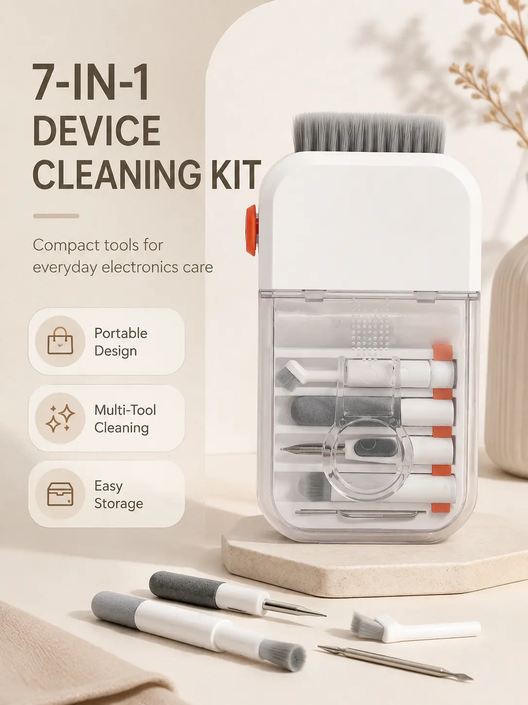 7-in-1 Device Cleaning Kit - Compact Portable Design Cleaning Tool Set for Smartphone, Keyboard, Laptop, Camera Lens, Charging Port (USB Vacuum Compatible Universal Electronics Accessory)