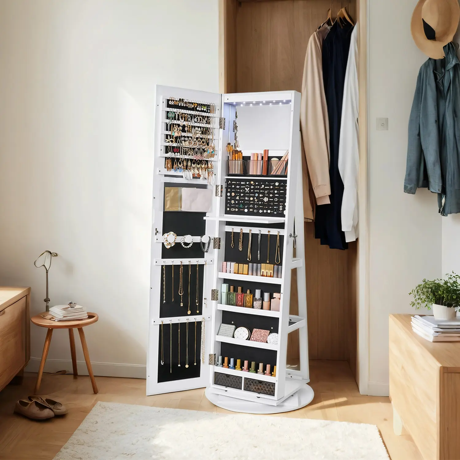 【Deals For You】SONGMICS LEDs Lockable Jewelry Mirror Cabinet,Standing Jewelry Armoire,, Frameless Full-Length Mirror, 3 Storage Shelves Christmas Gifts Decor