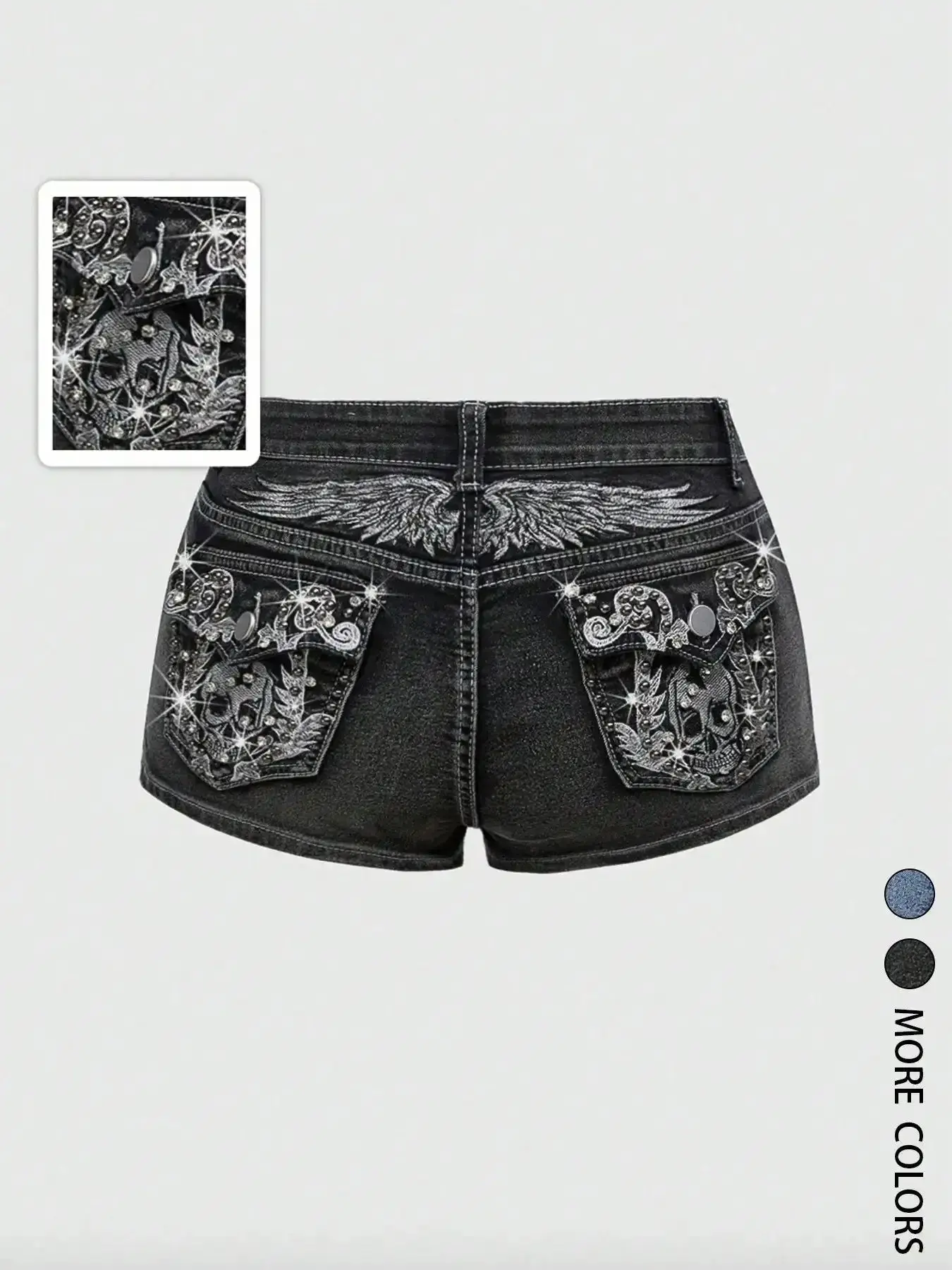 Women's Y2K Retro Wing Skull Embroidery Low Waist Ultra-Short Denim Shorts Stylish and Trendy Design Perfect for Casual Wear Fit urban style essential denim relaxed fit vintage wash stretchy denim classic straight leg