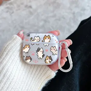 Pixel Kitty Dream Pattern TPU Soft Protective Case for Apple AirPods 4/3/2/1/Pro/Pro2 Transparent Earphone Cover with Keychain Attachment