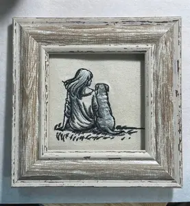 Girl and Her Dog Machine Embroidered Framed Artwork - Unique Canine Charm Tabletop Decor for Home or Office! Other Designs and Breeds Available! Desktop Decoration Signs