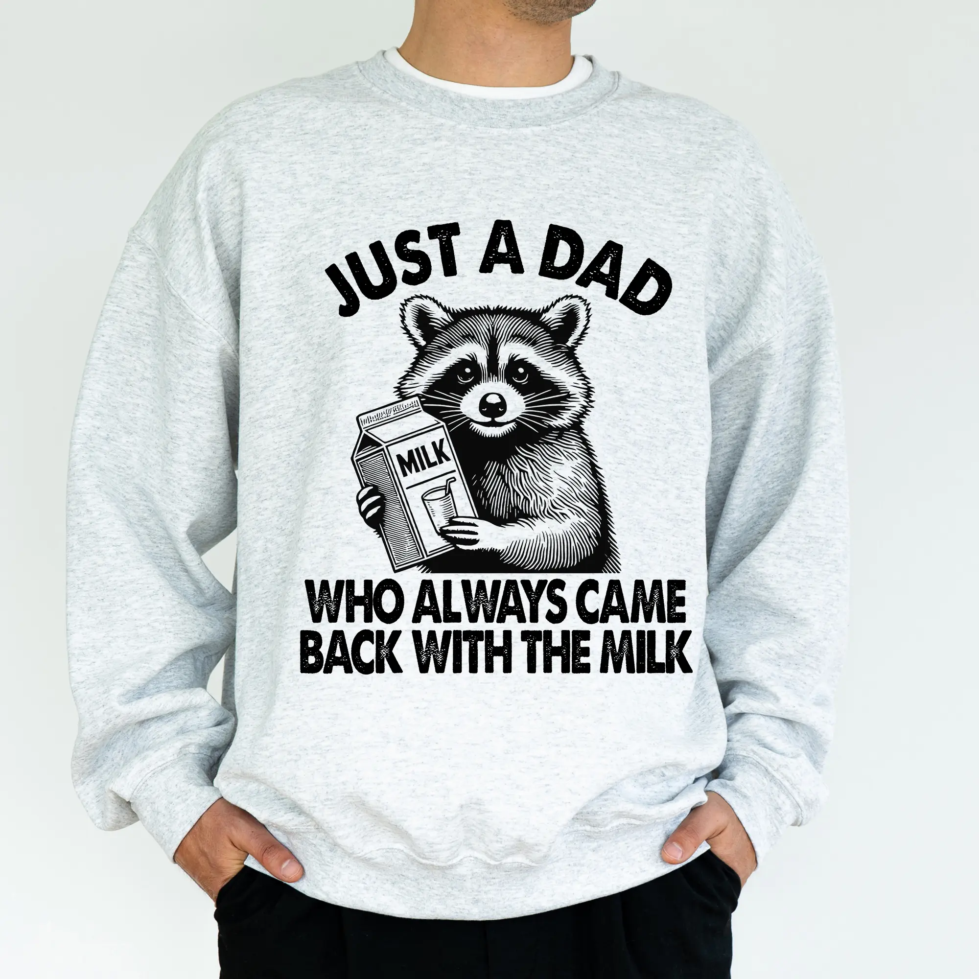 Men's Festive Soft Ribbed Long-Sleeve Cotton-Polyester Round Neck Funny Daddy Crewneck Sweatshirt - Christmas Raccoon Pullover with "Just a Dad Who Always Came Back With The Milk" Print, Dada Papa Top, Jet-Yarn Athletic Classic Menswear